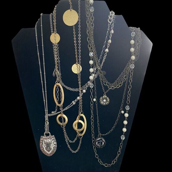 Vintage AEO Necklace Lot of 3 Signed Boho Charms Mixed Metals Multi Strand Long - Picture 1 of 5